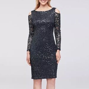 Marina black sequins midi dress with long sleeve cold shoulder going out evening